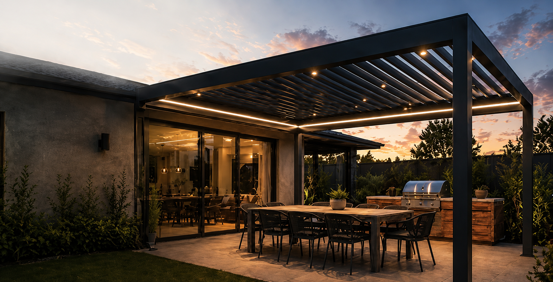 Motorised louvred pergola with LED lights over a modern outdoor dining area in Western Sydney